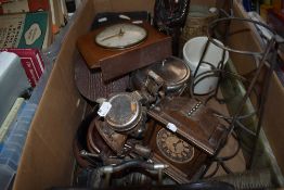 A mixed box of treen and similar including a Smiths Manel clock, carbon bike lamps AF, onyx slab