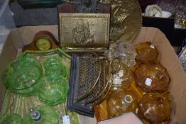 Two Art Deco pressed glass dressing table sets in amber and green along with a set of dressing table