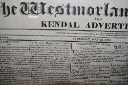 A framed facsimile copy of The Westmorland Gazette and Kendal Advertiser, Saturday May 23 1818