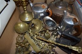 A selection of hardware including Picquot ware, copper kettle, brass trivet and brass ornaments