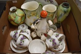 A Dutchess 'Violets' part tea service (21 pieces approx), two jugs by S.F.& Co. having green