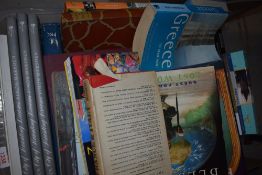 A carton of books about Travel and Royalty including 'Four Years In Paradise' by OSA Johnson, 'The