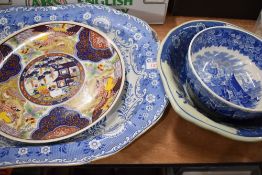 A large Copeland blue and white meat platter AF, a Wedgwood blue and white dish and an Oriental blue