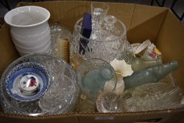 A box of pressed glass, antique bottles etc
