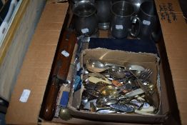 A box of tankards and various flatwares