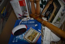A very mixed lot including boxed Irish Linen napkins, a boxed glass chess set, a Logic digital alarm