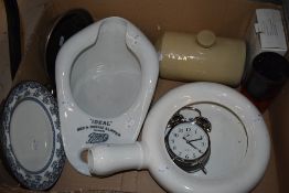 Two vintage bedpans and a stoneware hot water bottle etc.