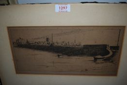 (20th century), an etching, coastal railway village, indistinctly signed, 15 x 30cm, mounted passe-