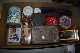 Nine vintage tins, a cash box and five small copies of The Bible.