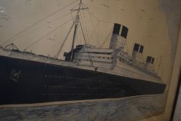 Ronnie Gray, (20th century), a watercolour, The Queen Mary, signed, 36 x 45cm, mounted framed and