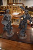 A pair of vintage spelter bronzed figures, modelled as fisher folk , labelled Retour de Pech and Sur