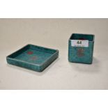 A vintage SWedish Gustavsberg Argenta cube formed pinch pot and saucer, in mottled teal finish