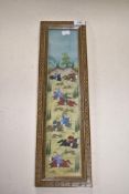 An middle Eastern painted glass or porcelain plaque with scene of horses and riders, in intricate