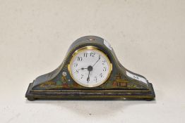 A vintage Japanned style Chinese Quartz mantel clock, having painted blue ground with traditional