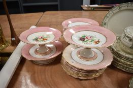 A collection of Victorian hand painted floral plates and two tazzas, AF.