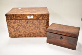An antique tea caddy having two internal compartments and a larger highly figured Hungarian Ash