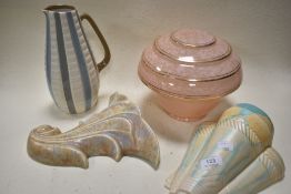 Two Art Deco wall pockets, including Beswick 506 and Crown Devon, a mid century jug and a pink