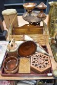A collection of mixed treen, including bowls, biscuit barrel, letter rack, tray and more, also