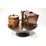 A late 19th century tea caddy with two internal lidded compartments, a footed oak serving tray