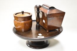 A late 19th century tea caddy with two internal lidded compartments, a footed oak serving tray
