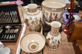 A collection of Eygyptian style ceramics, including jug, planter and more.AF.