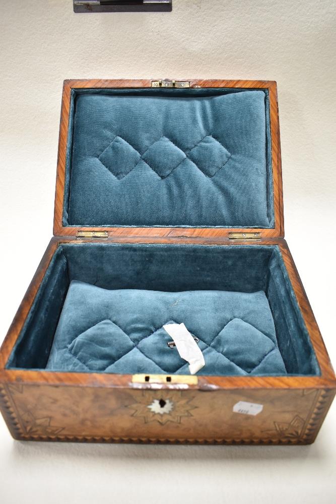 A late 19th century burr walnut box having geometric inlaid decoration, MOP escutcheon and - Image 2 of 3