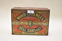 An early 20th century advertising tin, 'Worm lozenges, Bell, Sons & Co, Liverpool'.