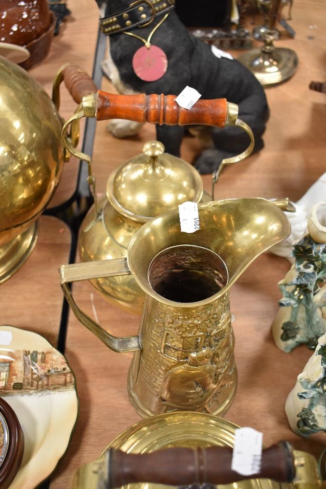 A varied lot of brass ware, kettles, Middle Eastern Dallah coffee pot, chase work cups and more. - Image 2 of 3