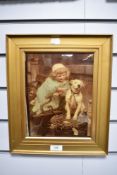 A late 19th century framed crystoleum, depicting young child attempting to feed a rather