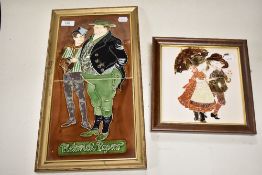 A Framed set of tiles, 'Pickwick Papers', and a similar tile of young boy and girl with parasol.