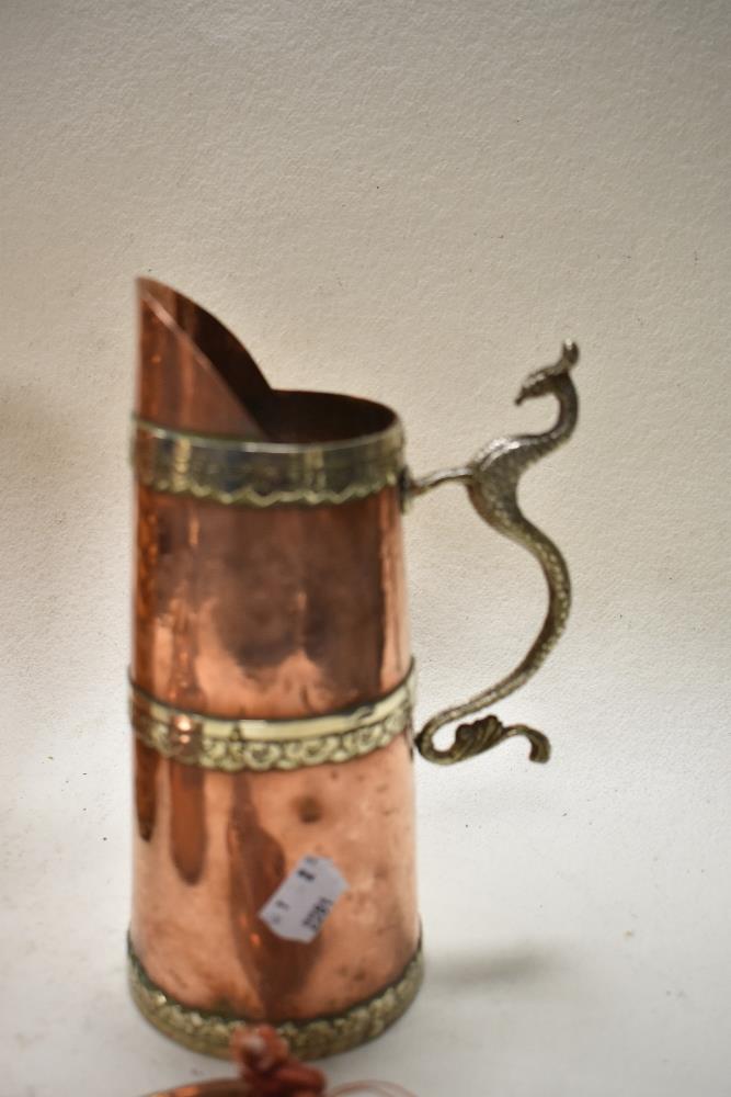 An early 20th century ribbed copper 'Kumfy' hot water bottle, a miniature copper kettle and horn and - Image 2 of 2