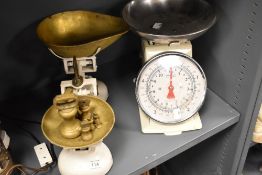 Two sets of kitchen scales, including vintage Libra scales with brass weights in white finish.
