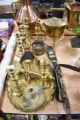 A collection of vintage brass ware, to include tray, candlesticks, kettle, trivet etc.