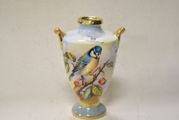 A 1960s Aynsley fine art collection vase, with narrow neckline and two handles heightened with gilt,