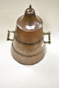 A large vintage Indian tapered cask having copper banding and lid, with chase work decoration and