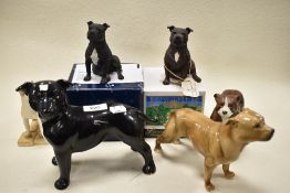 Six dog studies, including vintage Coopercraft Stafforshire Bull Terrier.