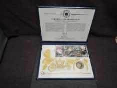 A Westminster Mint 50th Anniversary of Her Majesty The Queen Coronation Hand Painted Five Pound Gold
