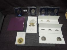 A collection of GB £5 Coins, 2018 x3, 2017 x3, 2002 in presentation slip case, 1998 in