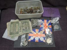 A box of GB & World Coins including Silver, two enamelled Victorian Crowns, 1980 Year Set, German