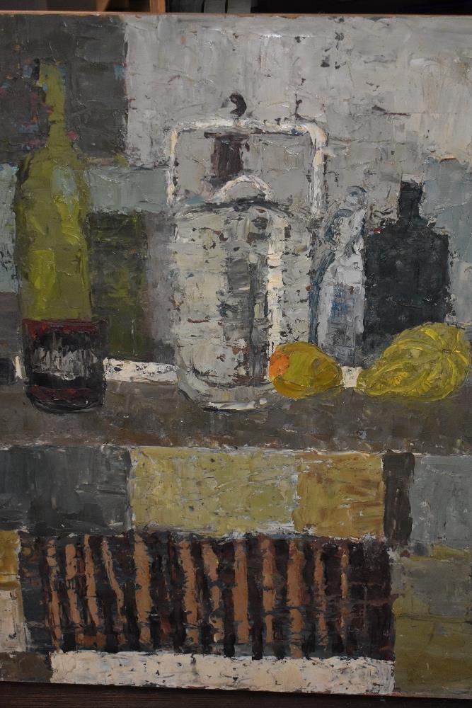 (20th century), an oil painting on board, stylised still life, unsigned, 81 x 76cm, unframed