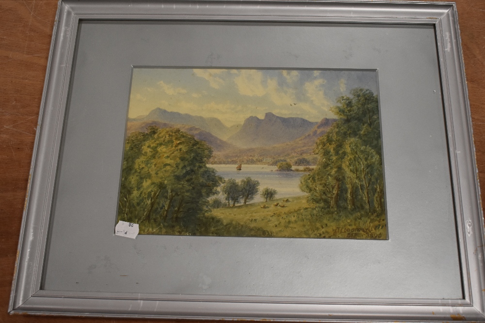 William Taylor Longmire, (1841-1914), a watercolour, Lakeland Langdales, signed and dated 1890, 21 x