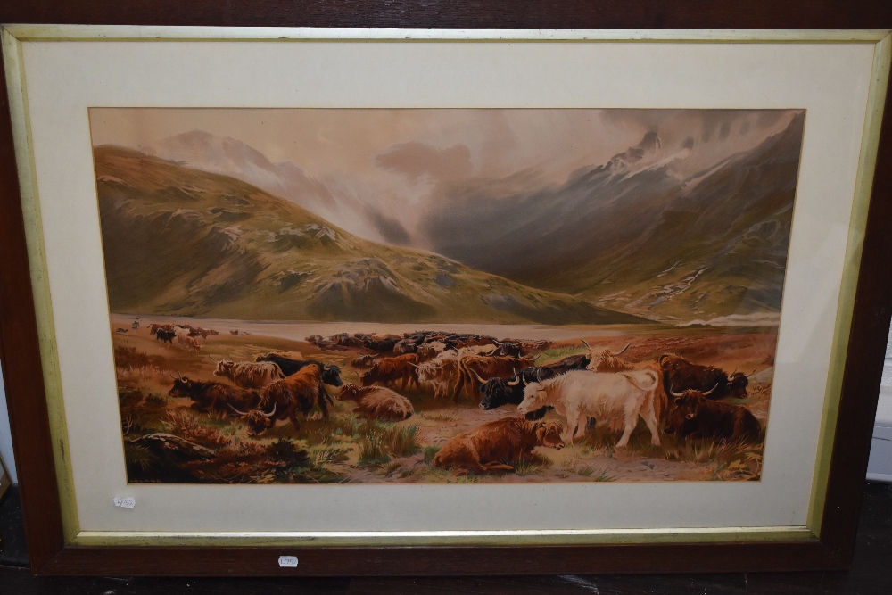 Arland, (20th century), after, a print, Highland cattle, 50 x 82cm, mounted oak framed and glazed,