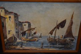 Van Meer, (20th century), an oil painting, Mediterranean sea port, signed, 45 x 60cm, golden oak
