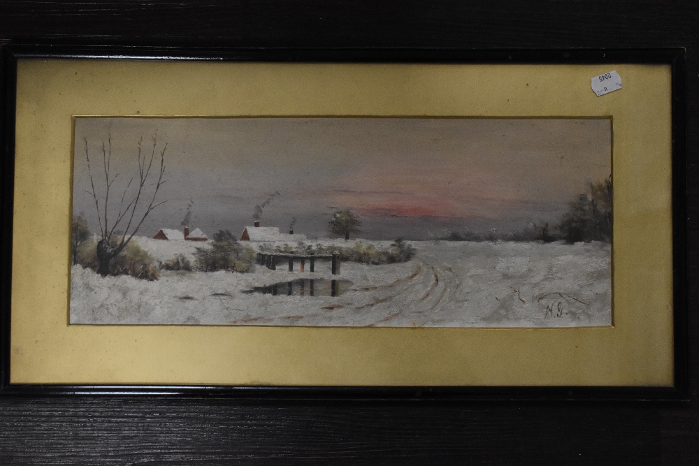 N G, (19th century), an oil painting, snowy landscape, initialled, 18 x 45cm, mounted framed and