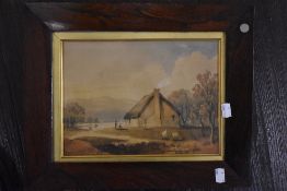 (19th century), a watercolour, lakeside cottage, 20 x 28cm, Victorian rosewood framed and glazed, 35