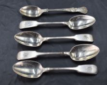 A set of four Victorian silver teaspoons, fiddle pattern with engraved initials MRC and pip to