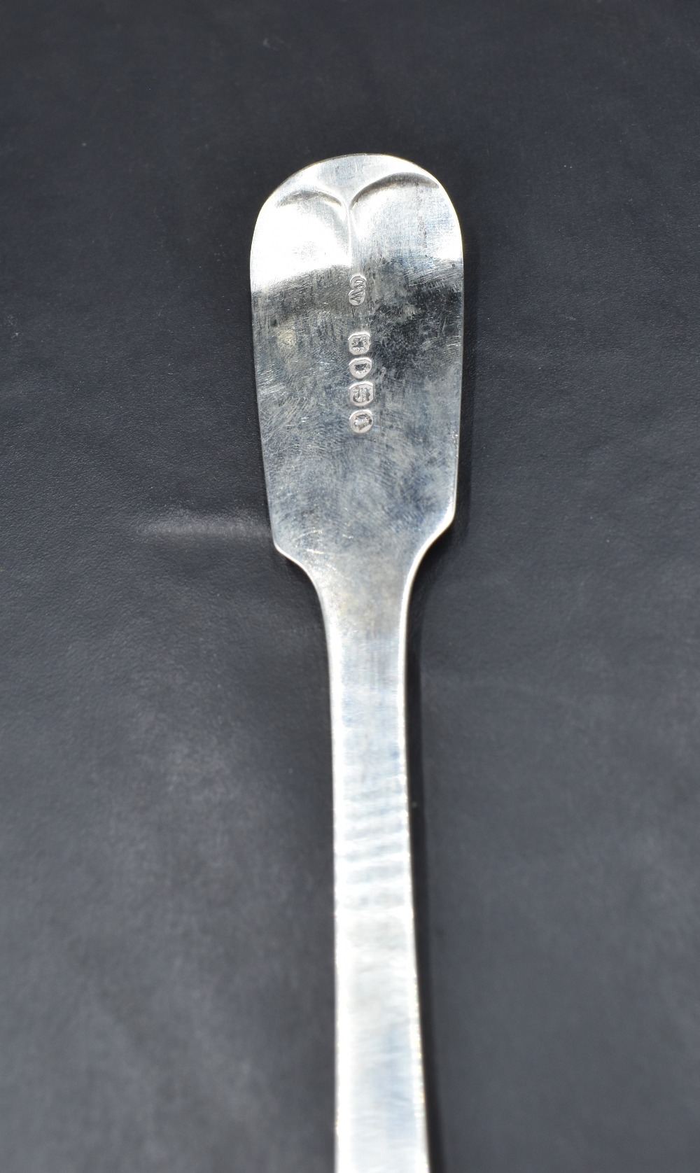 A Victorian silver basting spoon, fiddle pattern with engraved initial and Hanovarian reverse, marks - Image 3 of 3