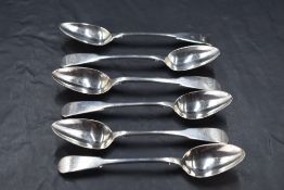 A matched set of six 19th century Scottish silver teaspoons, fiddle pattern with pip reverse and