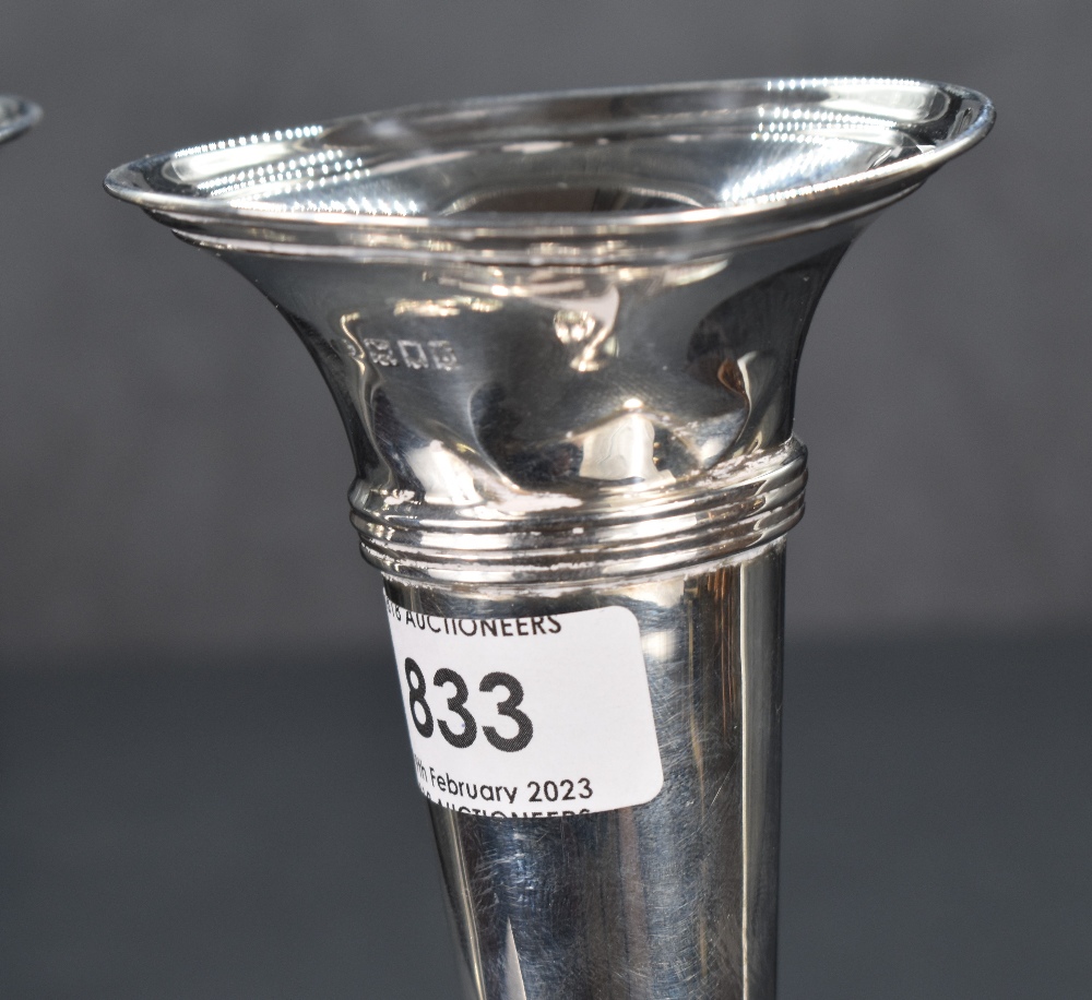 A pair of George V silver vases, of trumpet form with moulded bands of moulded decoration, marks for - Image 2 of 2