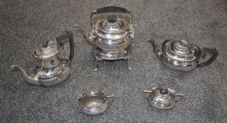 A good quality five-piece silver-plated teaset, comprising teapot, hotwater pot, spirit kettle on